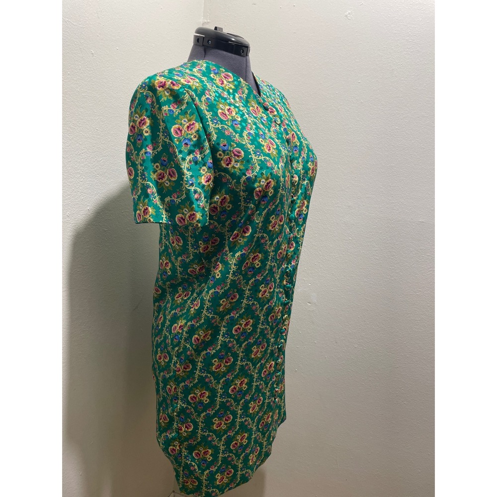 Vintage Leslie Fay Petites Green Floral Mini Dress size 10p Damask Boho 90s - Picture 2 of 11